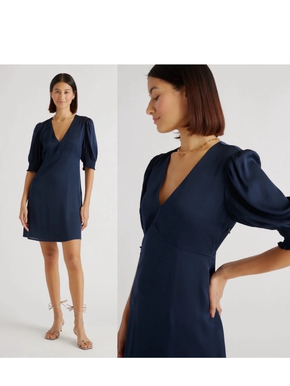 Quince • Washable Stretch Silk Puff Sleeve Mini Dress Navy Blue V neck